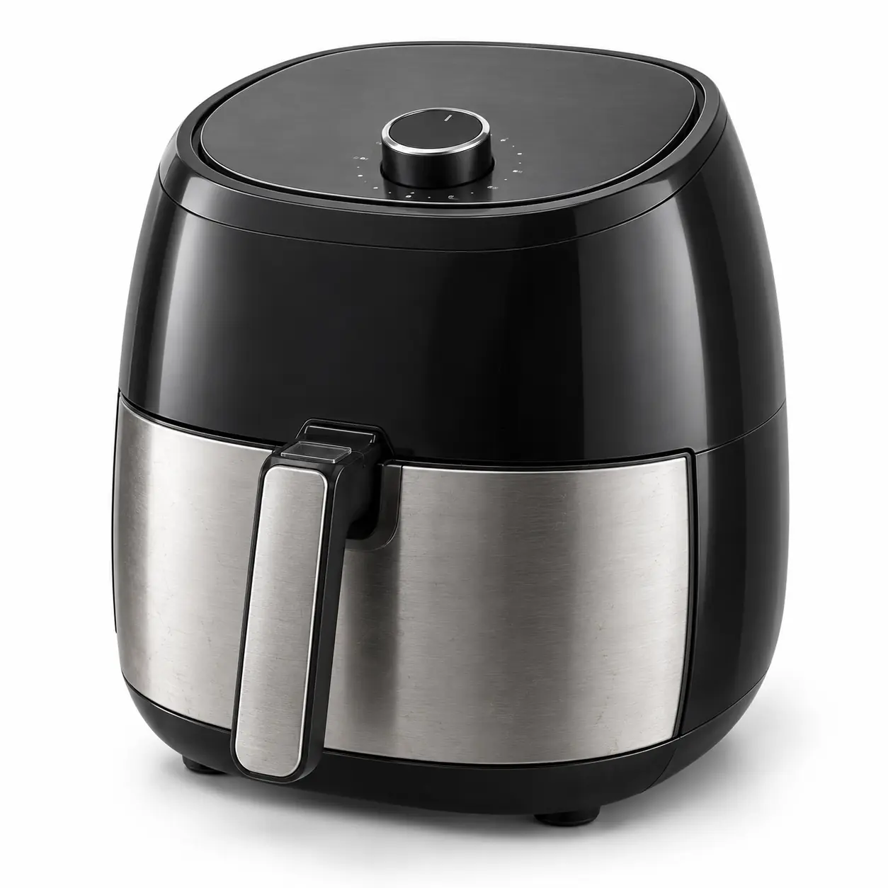 Photorealistic illustration of compact basket-style electric air fryer with a rounded black-and-silver body, front pull-out cooking drawer and top control panel