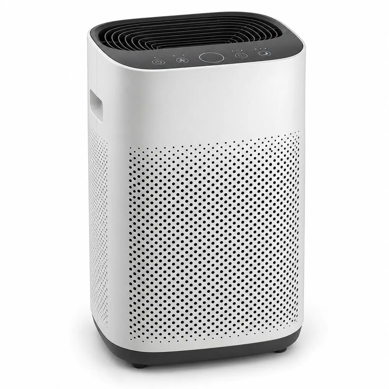 Photorealistic illustration of upright household air purifier with a perforated intake body, clean top outlet grille and a small generic control panel