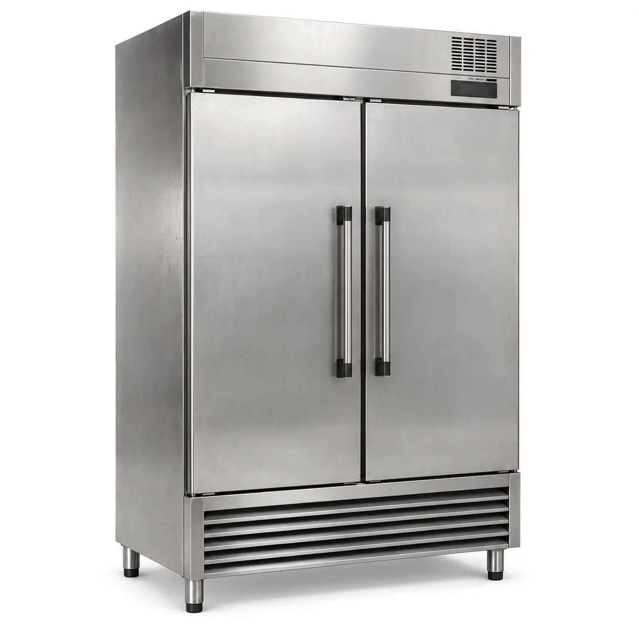 Photorealistic illustration of tall stainless-steel commercial upright refrigerator with two solid doors, heavy-duty handles and vented compressor area