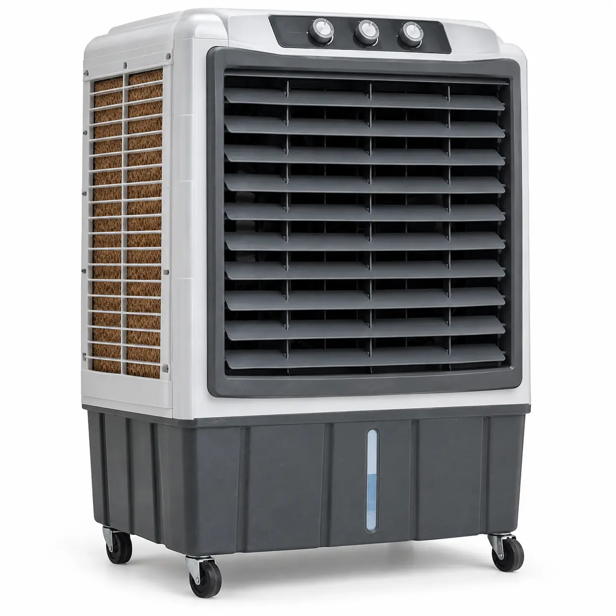 Photorealistic illustration of large high-airflow evaporative desert cooler with broad front louvers, thick side cooling pads, water-level indicator and castor wheels