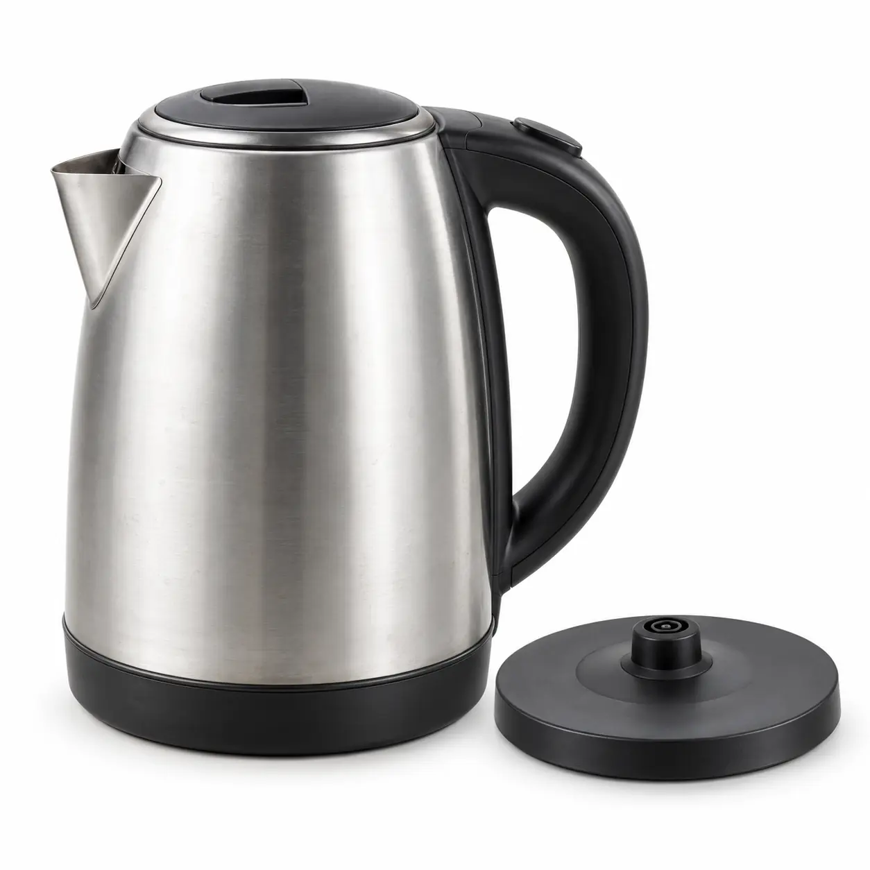 Photorealistic illustration of cordless electric kettle with a stainless-steel body, handle, spout, lid and separate circular power base