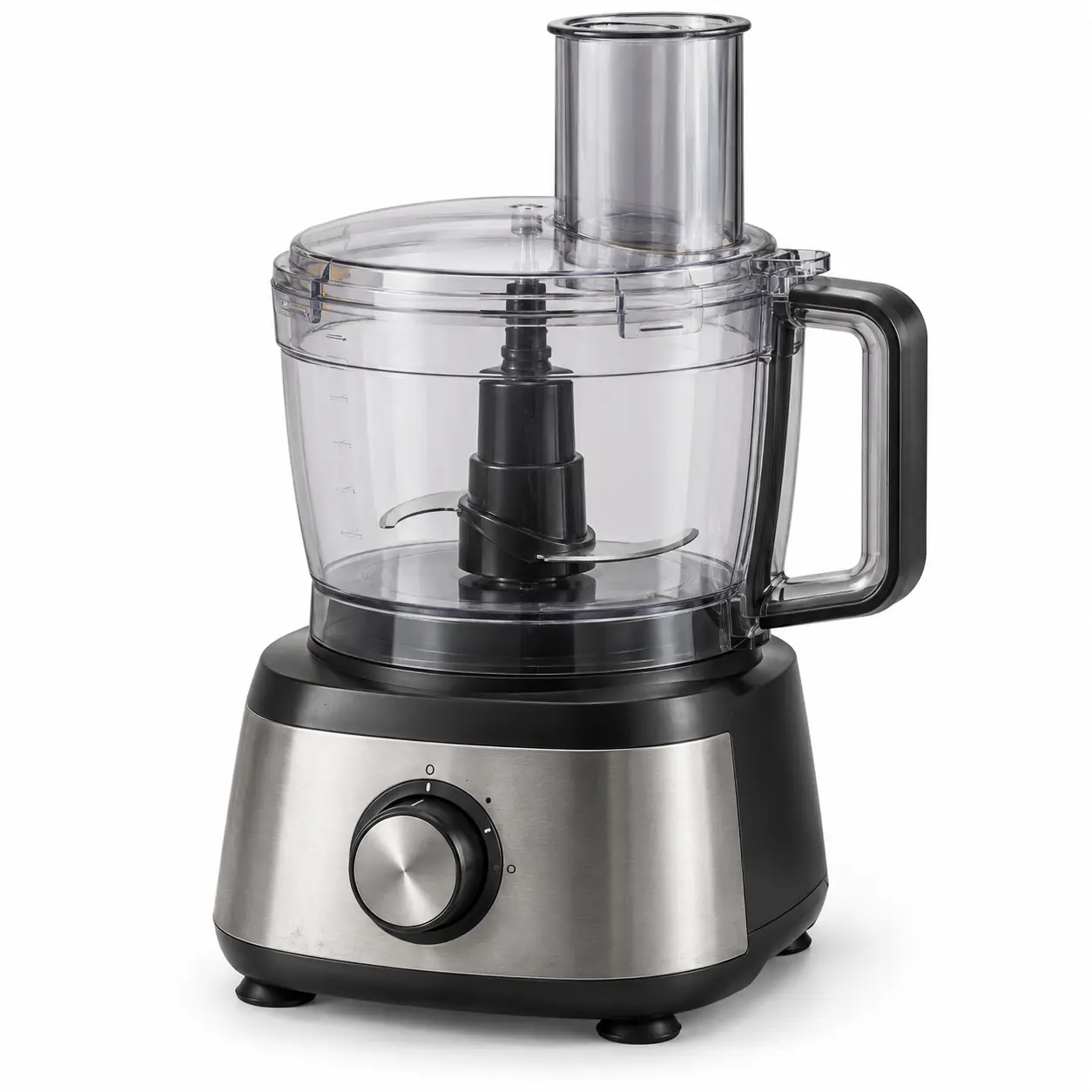Photorealistic illustration of complete food processor with motor base, transparent processing bowl, lid, feed tube and one fitted blade assembly