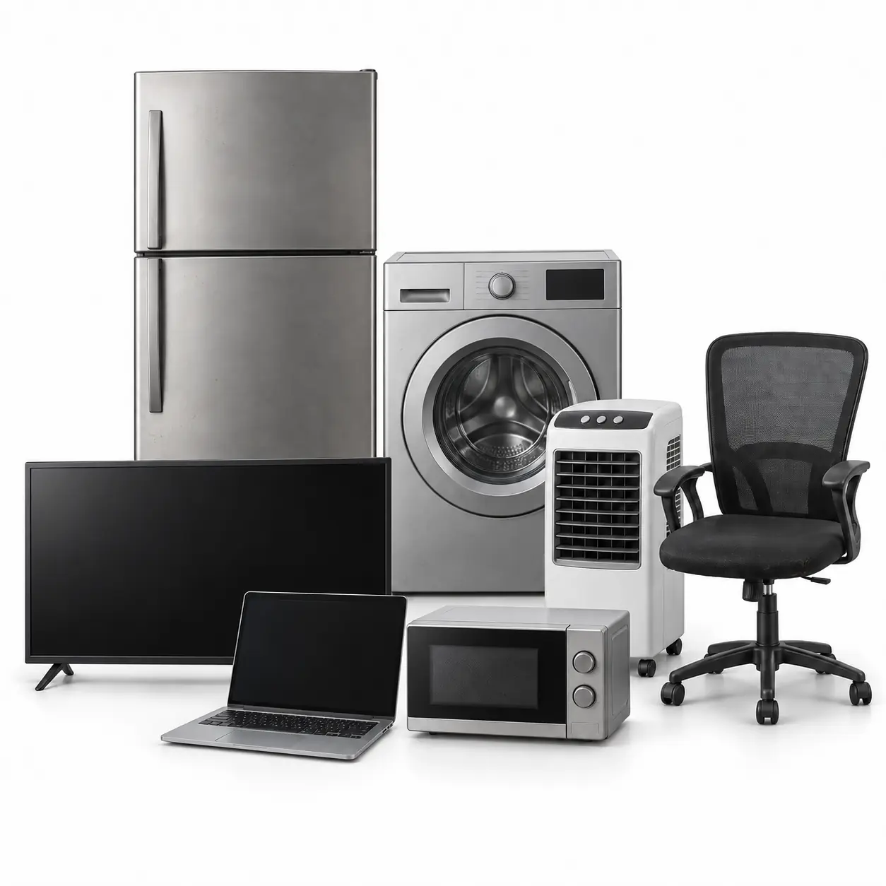 Photorealistic catalog grouping of representative household appliances, electronics and furniture available for pickup