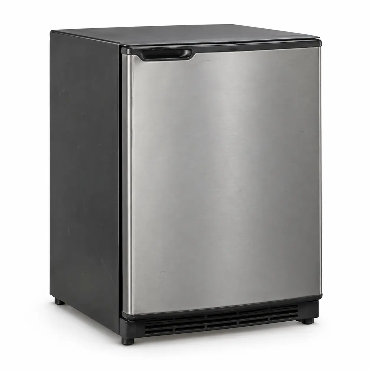Photorealistic illustration of compact single-door mini refrigerator with small integrated handle and lower compressor area