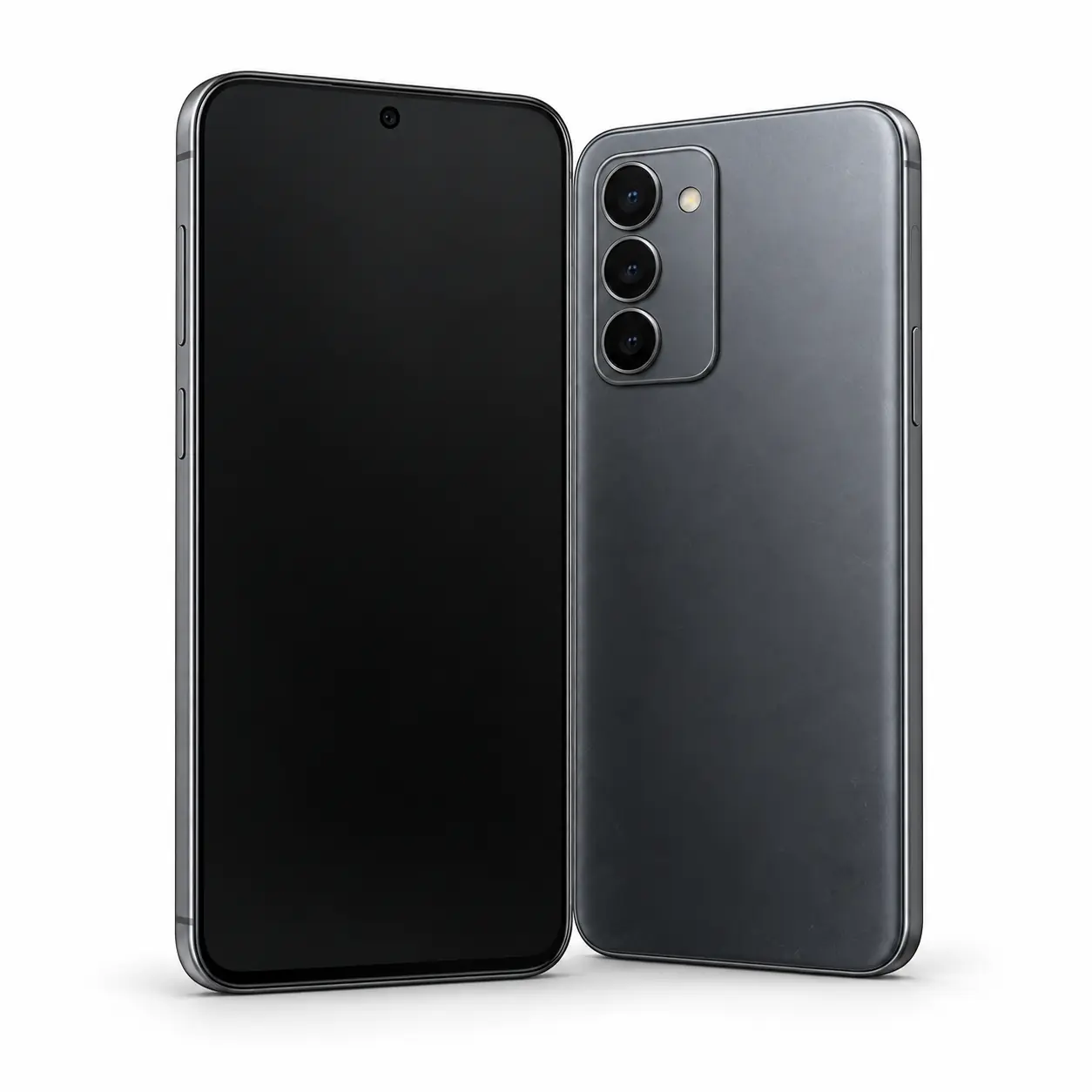 Photorealistic illustration of generic modern smartphone with blank screen, intact frame and rear camera cluster, shown front and back without branding