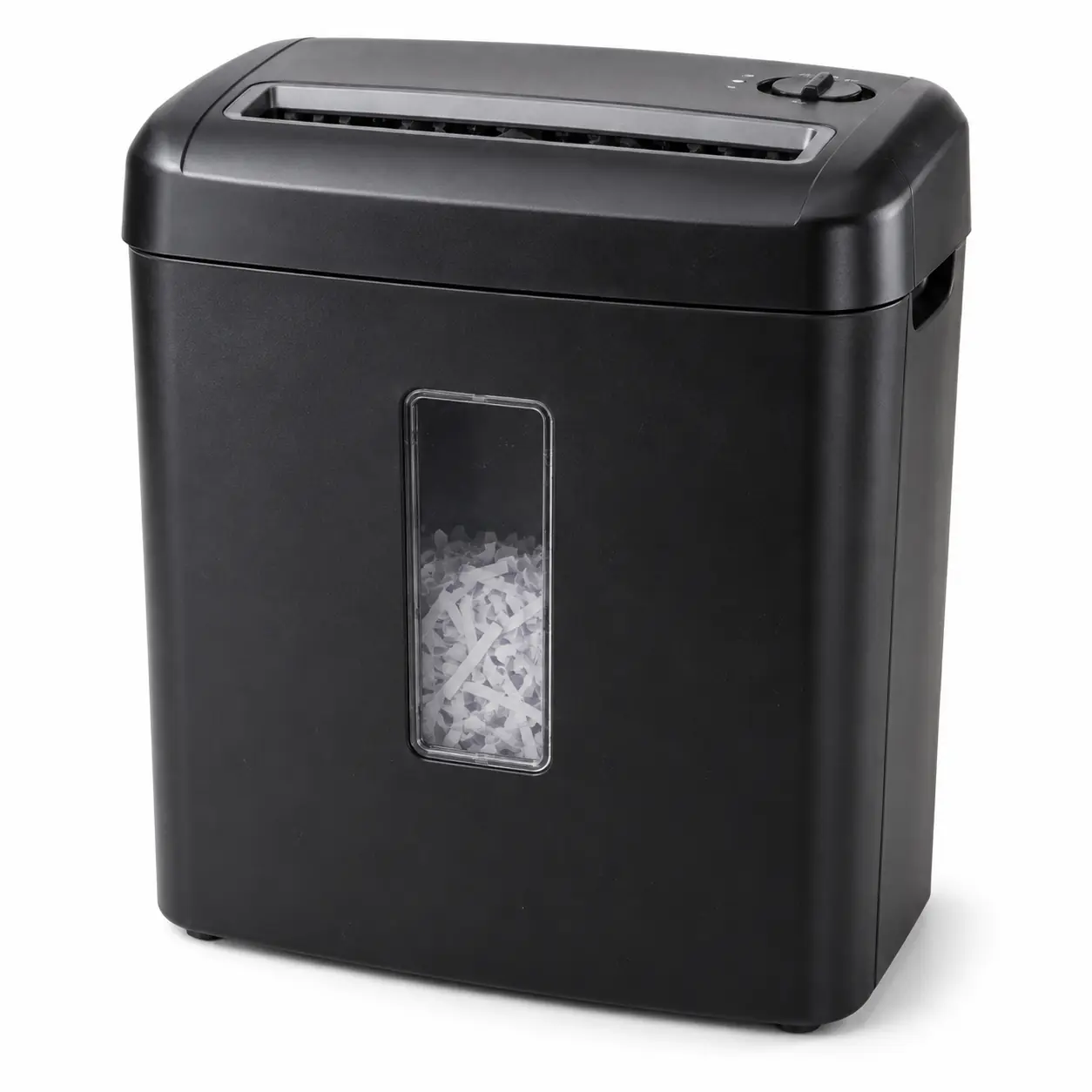 Photorealistic illustration of office paper shredder with compact black shredding head, paper slot and removable waste-bin cabinet