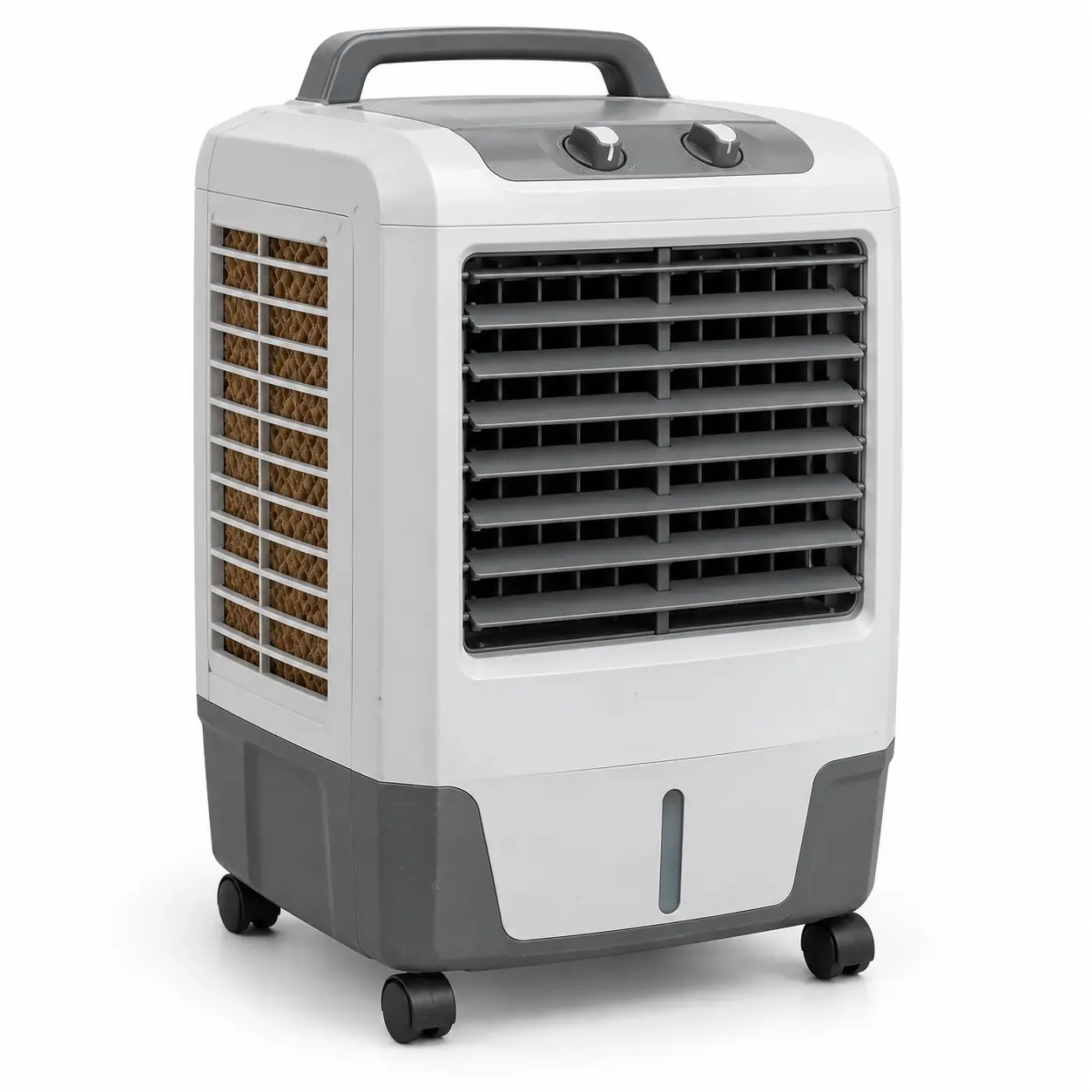 Photorealistic illustration of compact tabletop or floor personal evaporative cooler with front louvers, side cooling pads, small water tank and carry handle