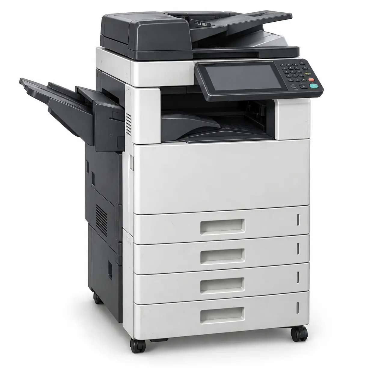 Photorealistic illustration of floor-standing office photocopier with automatic document feeder, control panel, paper drawers and side output tray