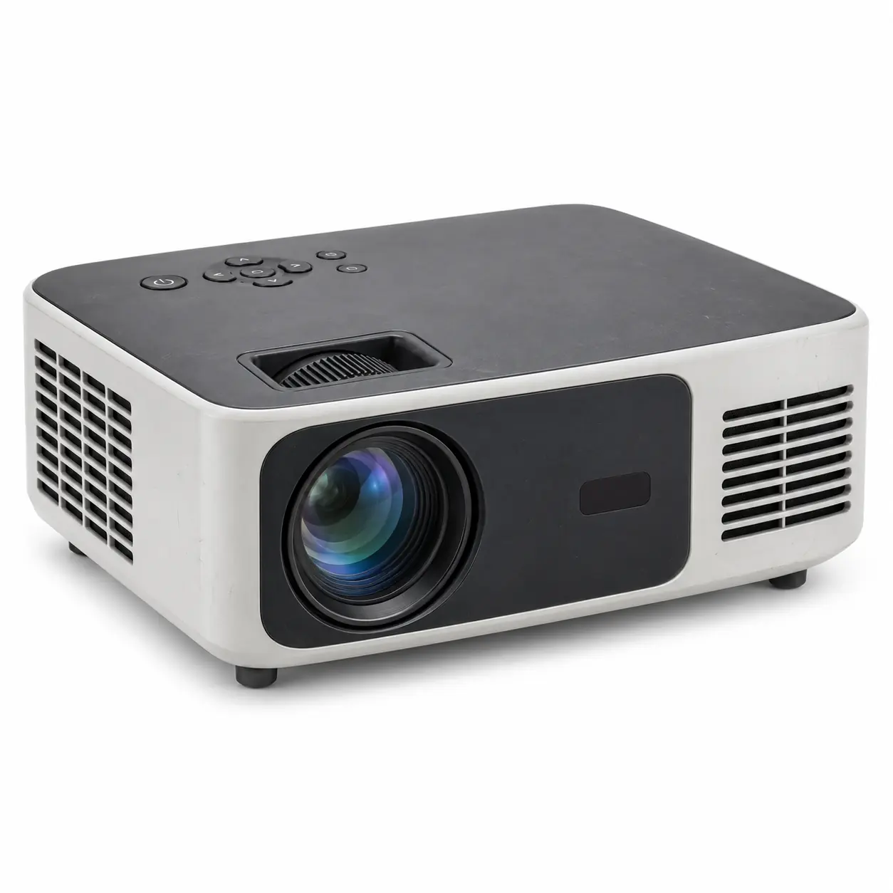 Photorealistic illustration of compact digital projector with front lens, ventilation grilles and top control buttons, no projected image