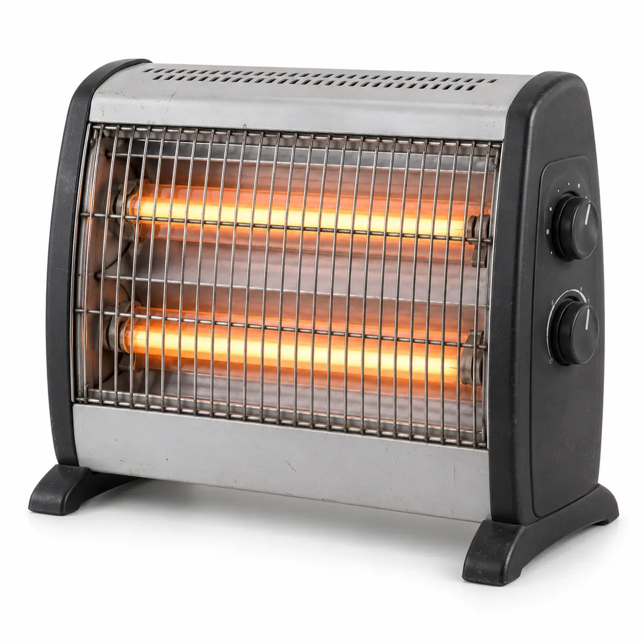 Photorealistic illustration of portable room heater with protective front grille, heating element enclosure, control knobs and stable feet