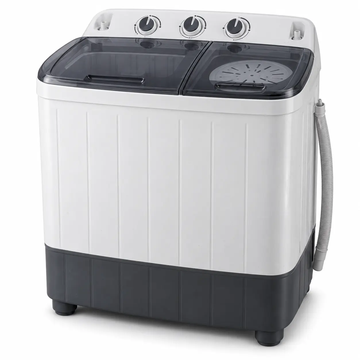 Photorealistic illustration of twin-tub semi-automatic washing machine with two top lids, control knobs and drain hose