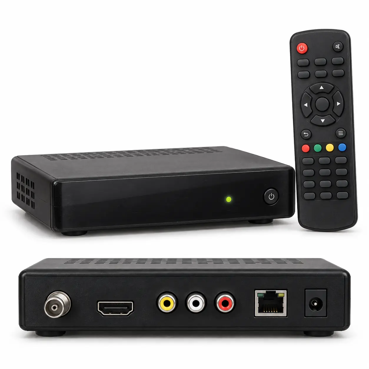 Photorealistic illustration of compact television set-top box with front status light, rear connection ports and a separate generic remote