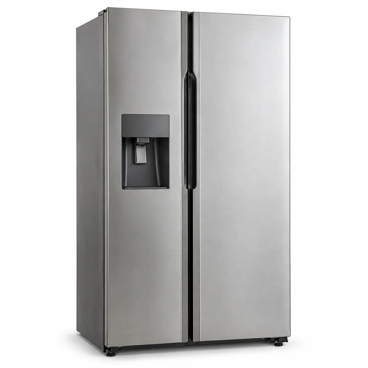 Photorealistic illustration of large side-by-side refrigerator with two full-height vertical doors, recessed handles and clean front panels