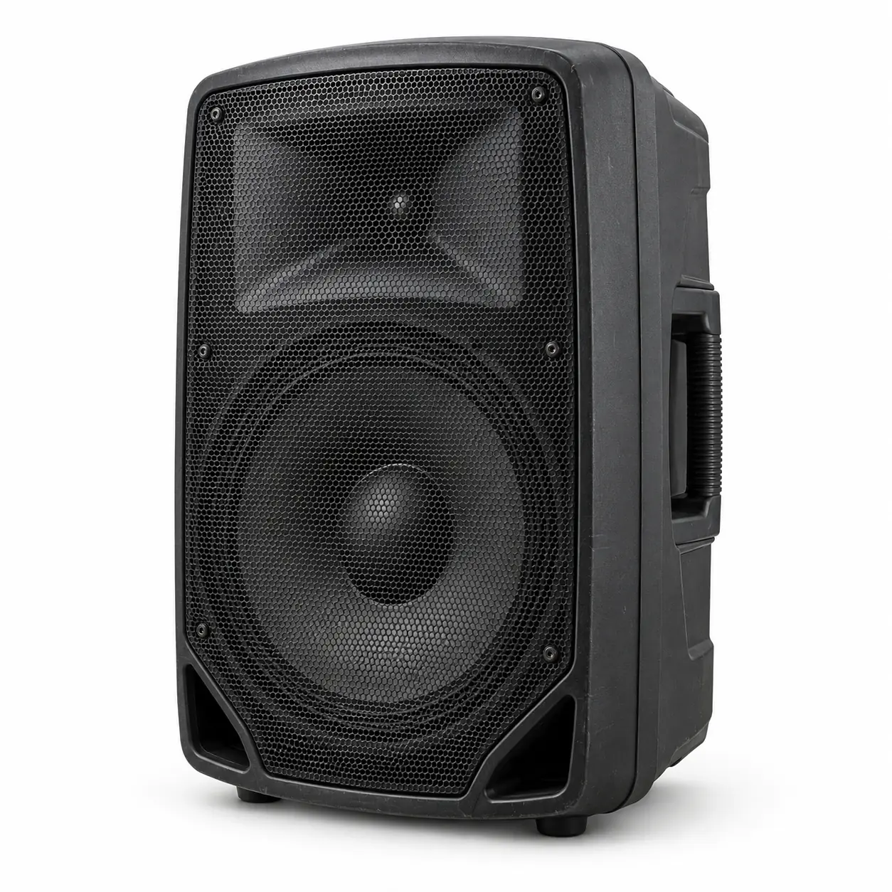 Photorealistic illustration of single freestanding powered speaker with protective front grille, woofer and tweeter shapes, and rear control area implied