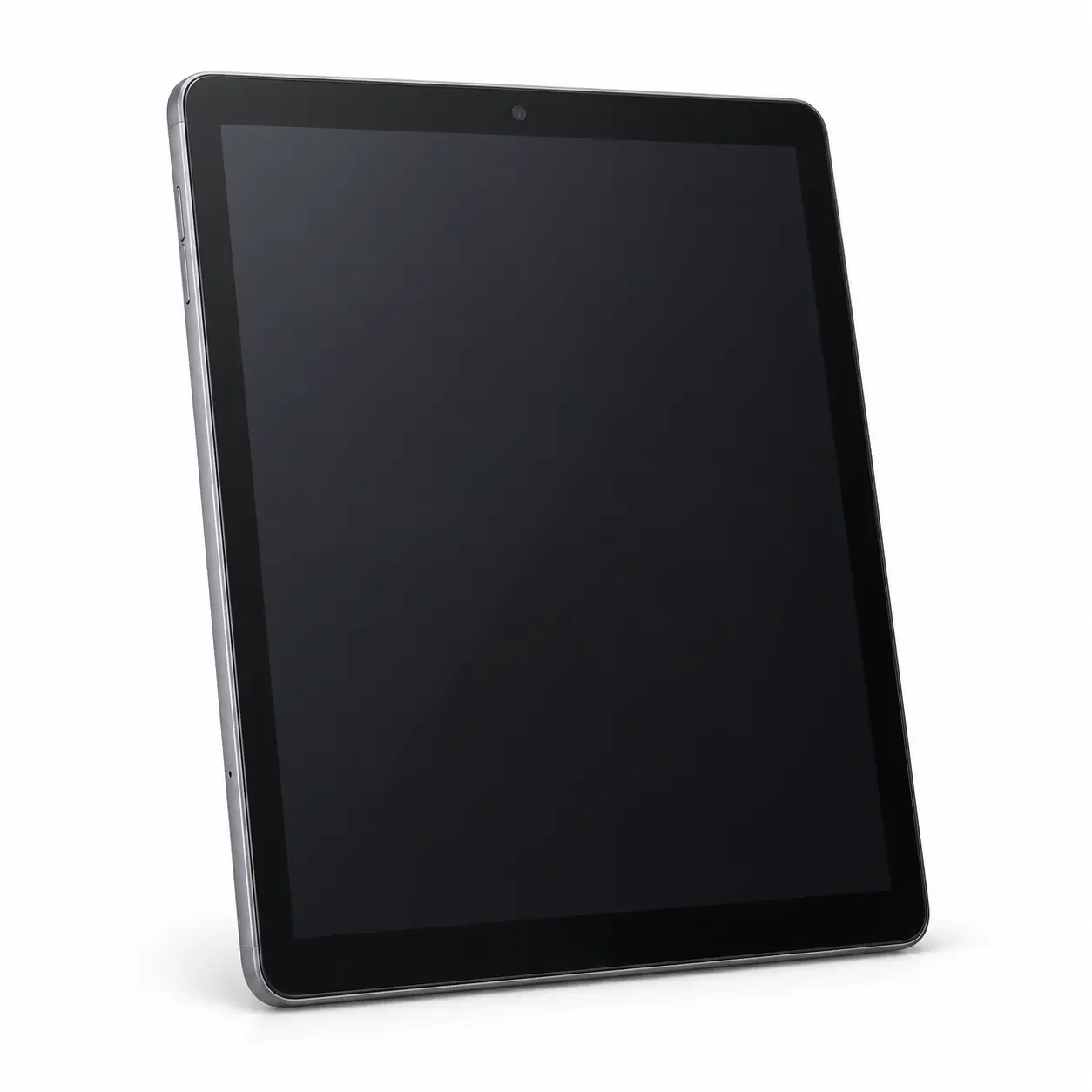 Photorealistic illustration of generic tablet computer with blank dark touchscreen and intact slim frame, shown front-facing at a slight angle
