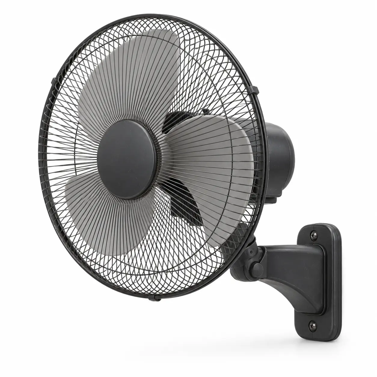 Photorealistic illustration of oscillating wall fan shown safely detached, with round protective grille, three blades, motor housing and wall bracket