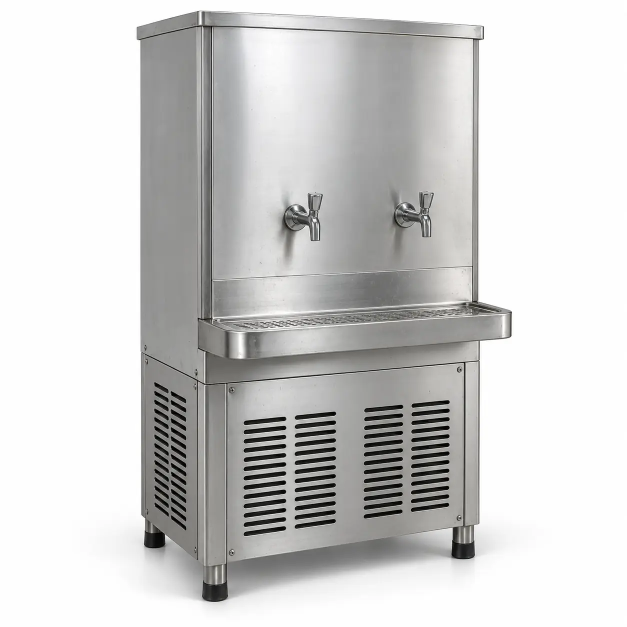 Photorealistic illustration of stainless-steel commercial drinking-water cooler with upper cooling tank, dispensing taps and lower vented cabinet