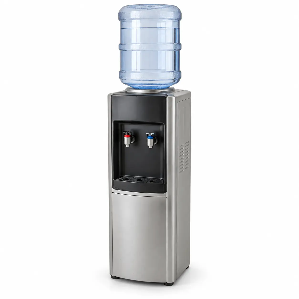 Photorealistic illustration of freestanding bottled-water dispenser with an inverted clear bottle, hot and cold taps, drip tray and lower cabinet