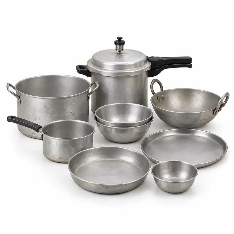 Aluminium Utensils arranged safely for scrap, reuse or recycling pickup evaluation