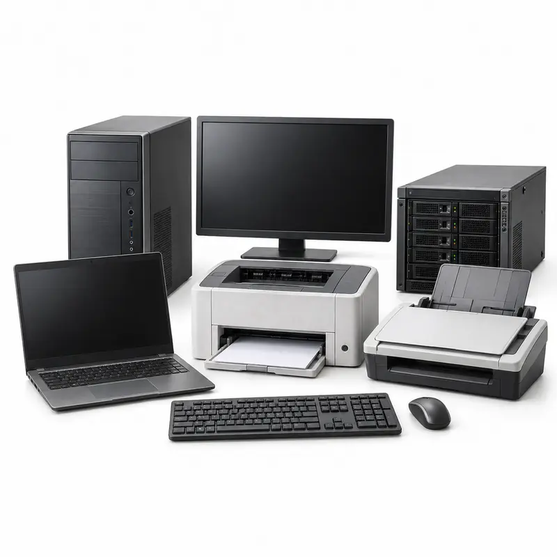 Computers and Office Electronics sorted and prepared for appliance scrap pickup evaluation