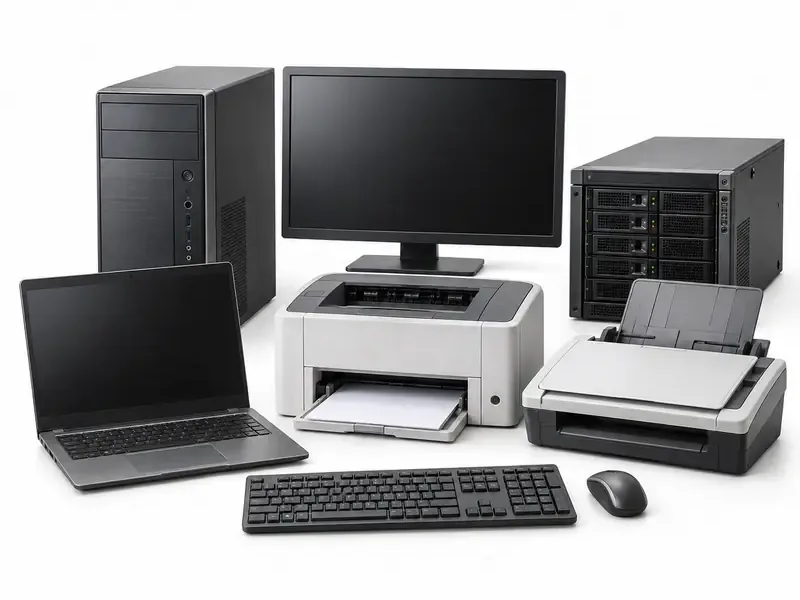 Computers and Office Electronics sorted and prepared for appliance scrap pickup evaluation