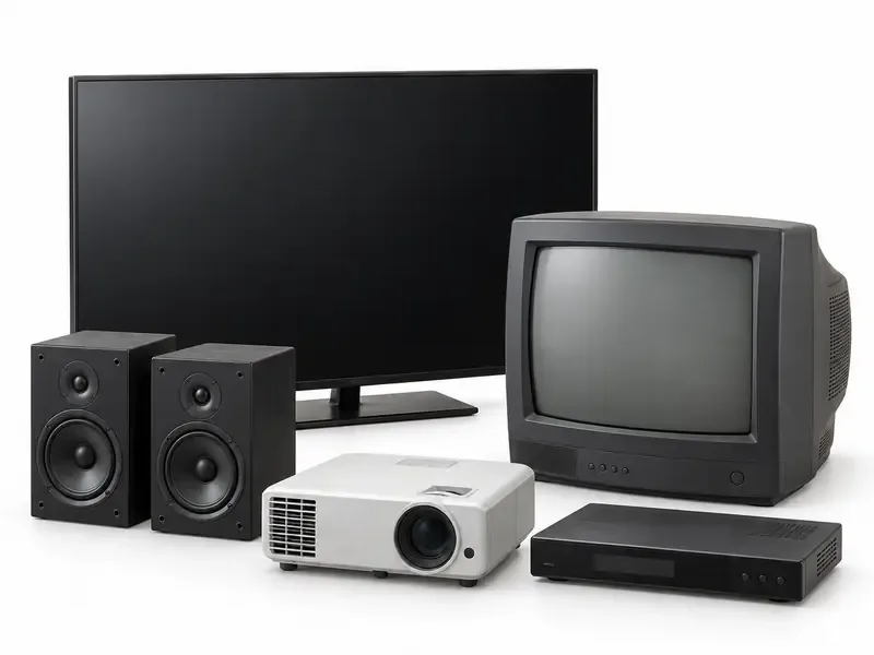 Televisions and Entertainment Equipment sorted and prepared for appliance scrap pickup evaluation