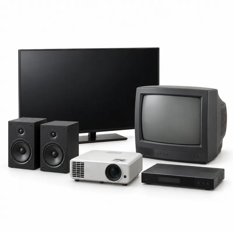 Televisions and Entertainment Equipment sorted and prepared for appliance scrap pickup evaluation