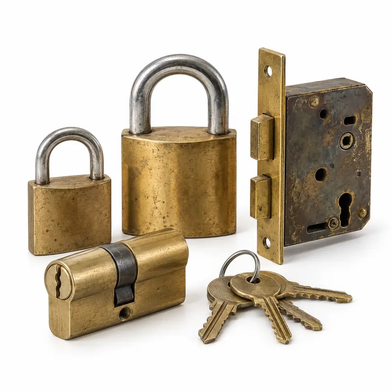 Brass Locks and Keys arranged safely for scrap, reuse or recycling pickup evaluation