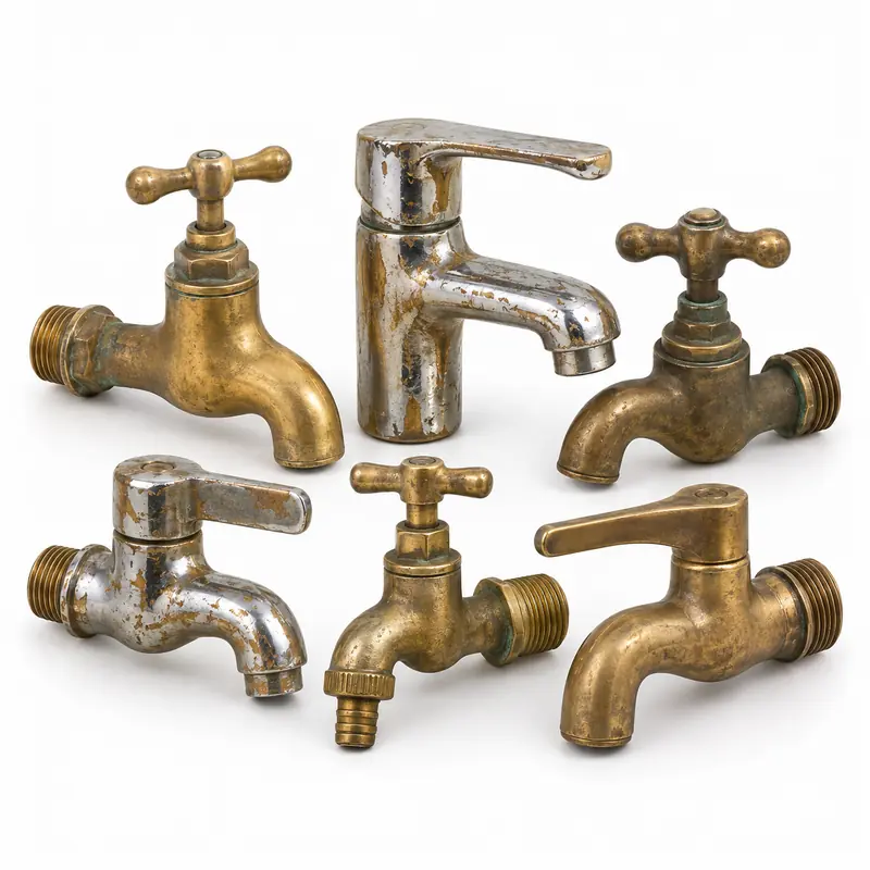 Brass Taps arranged safely for scrap, reuse or recycling pickup evaluation