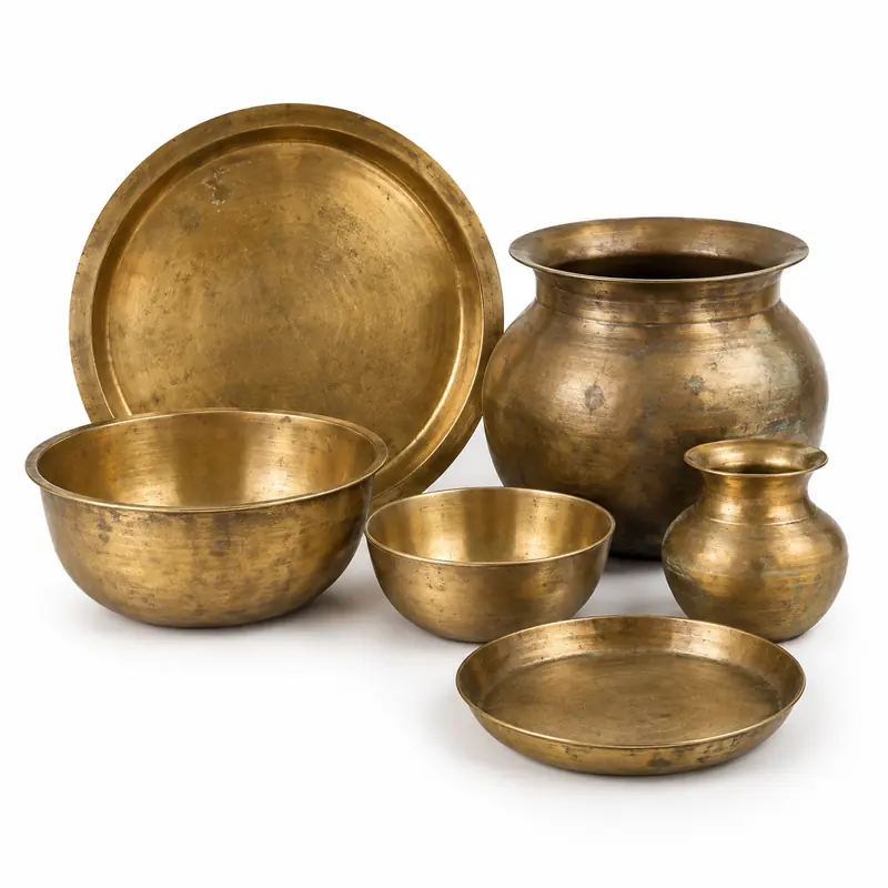 Brass Utensils arranged safely for scrap, reuse or recycling pickup evaluation