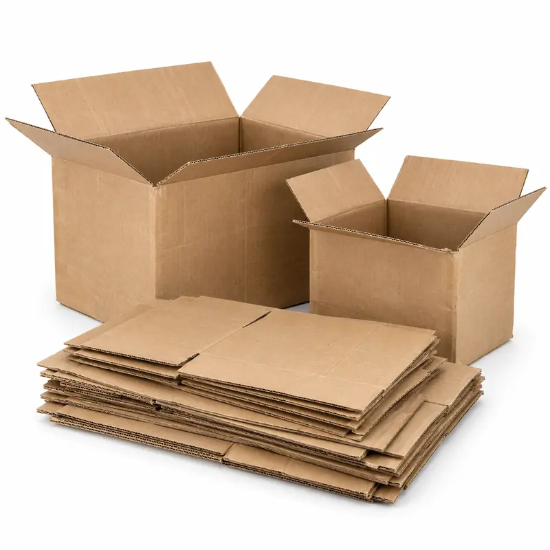 Plain used carton boxes and flattened panels prepared for cardboard pickup evaluation
