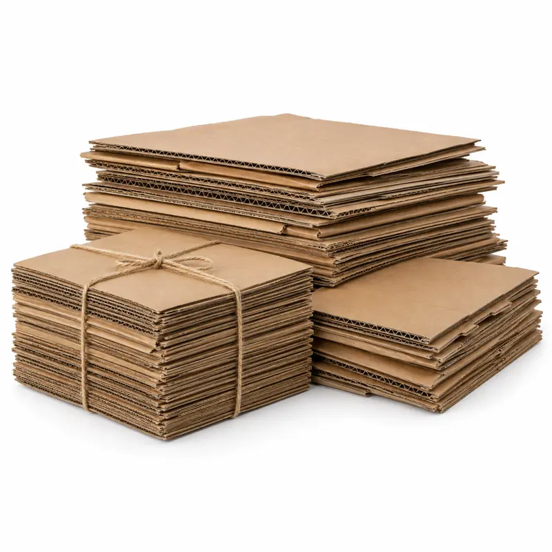 Flattened corrugated cardboard sheets with visible fluted edges prepared for pickup