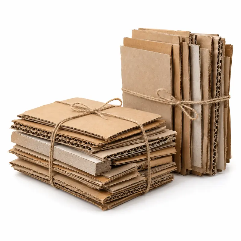 Dry brown gatta sheets and board offcuts tied in sorted bundles for pickup