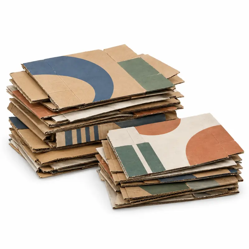 Flattened printed cardboard with abstract unbranded colour patterns for recycling