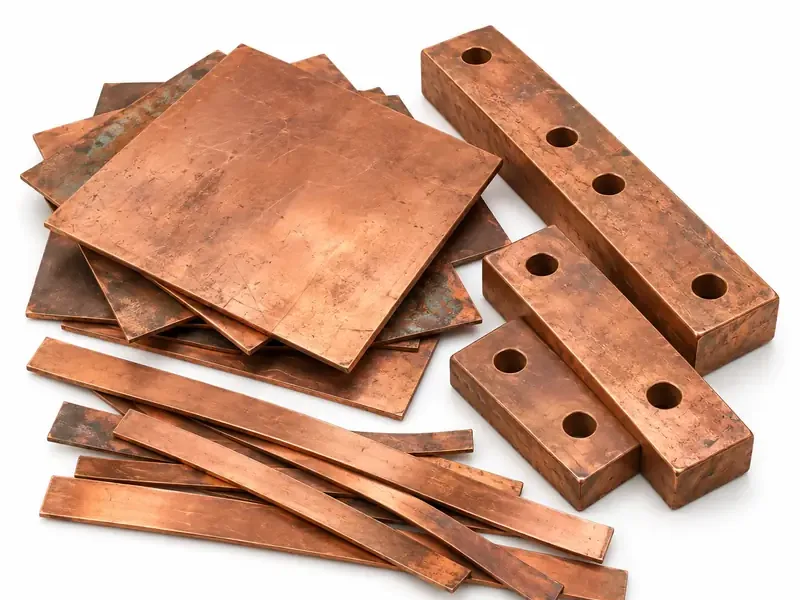 Copper Sheets and Busbars sorted and prepared for copper scrap pickup evaluation