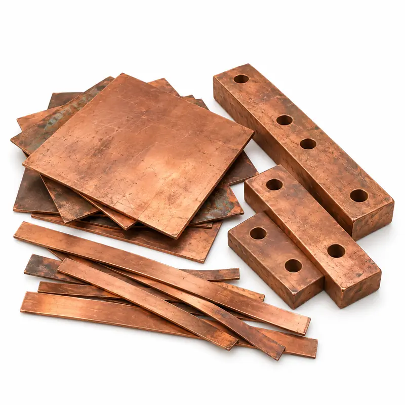 Copper Sheets and Busbars arranged safely for scrap, reuse or recycling pickup evaluation
