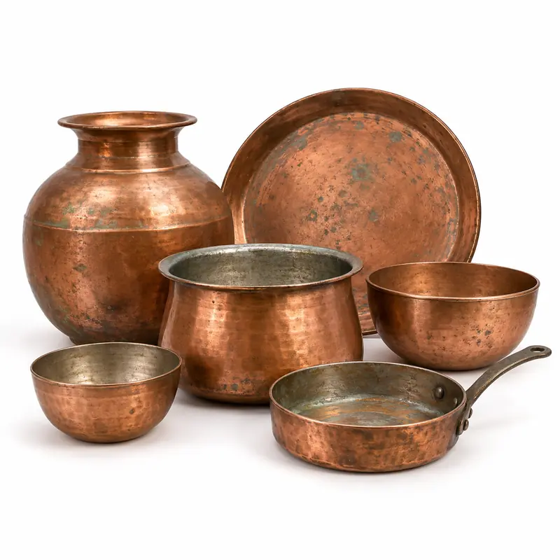 Copper Utensils arranged safely for scrap, reuse or recycling pickup evaluation