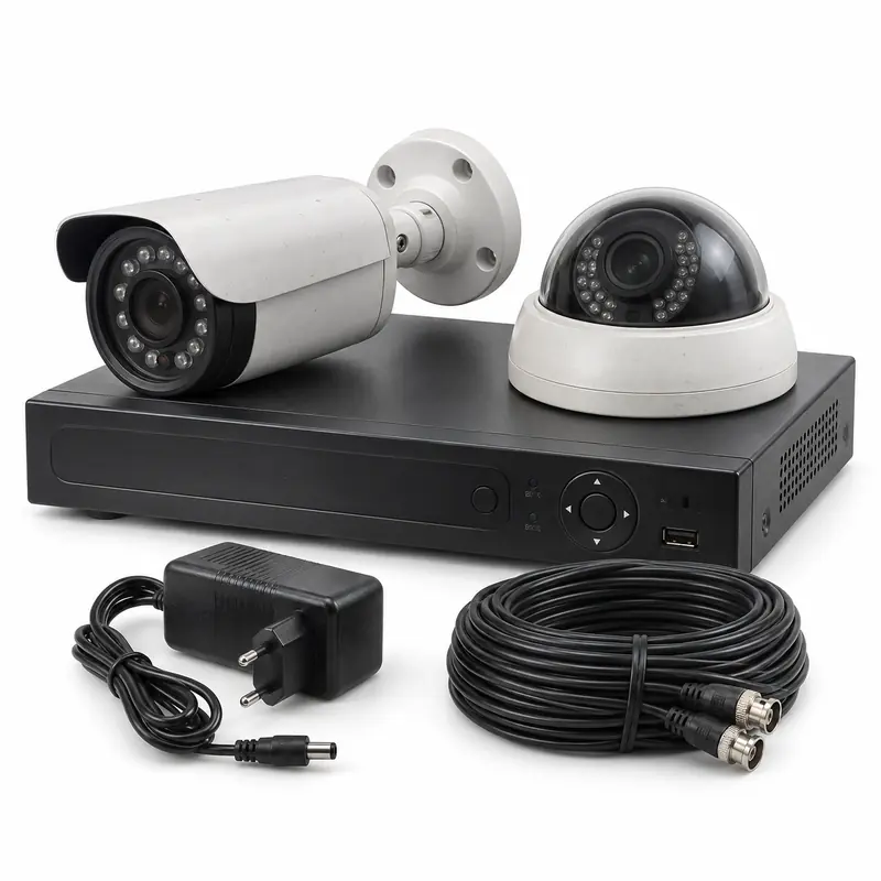 Old CCTV cameras, recorder and security accessories prepared for e-waste pickup
