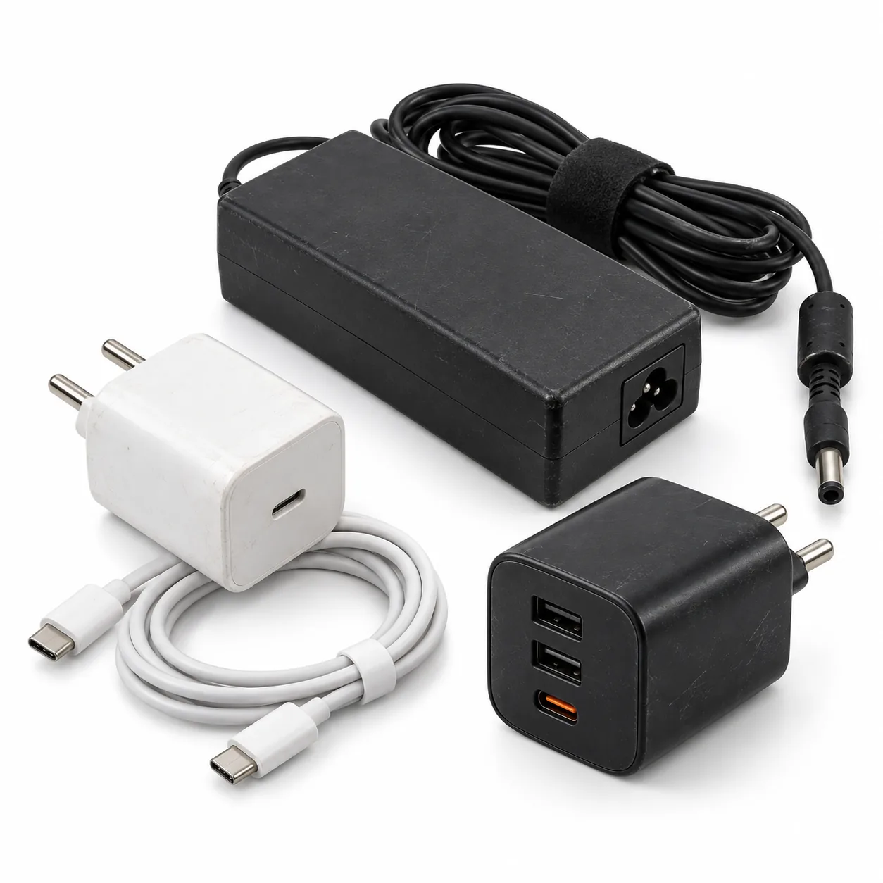 Assorted old chargers, adapters and charging cables prepared for e-waste pickup