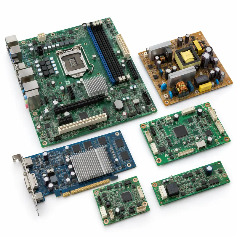 Assorted populated electronic circuit boards sorted for e-waste pickup evaluation