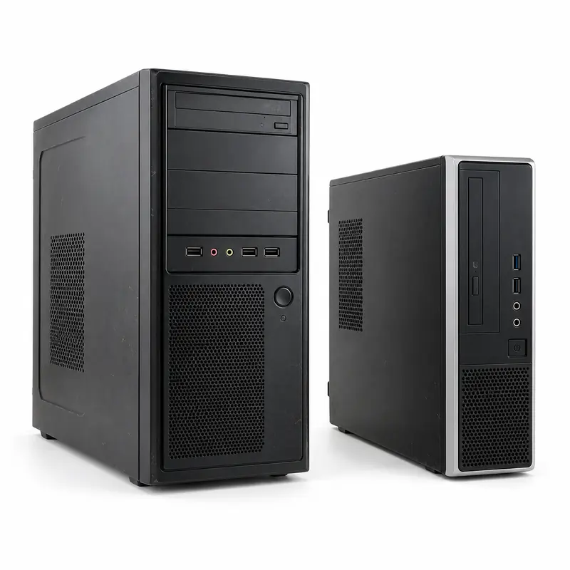 Old desktop CPU towers and computer cabinets prepared for e-waste pickup evaluation