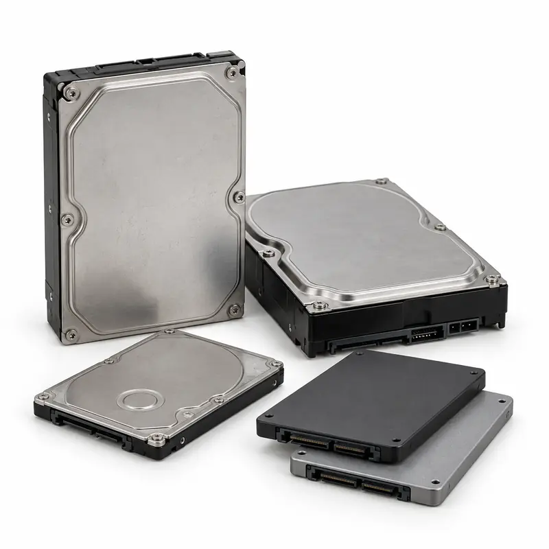 Old hard disk drives and solid-state drives prepared for secure e-waste pickup