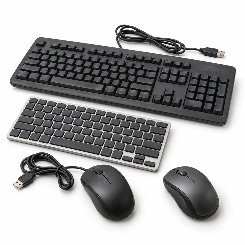 Old computer keyboards and mice prepared for electronic waste pickup evaluation