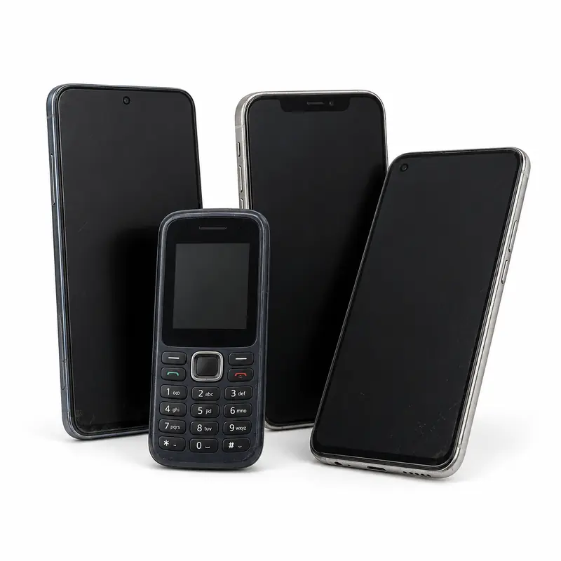 Assorted old smartphones and feature phones prepared for e-waste pickup evaluation