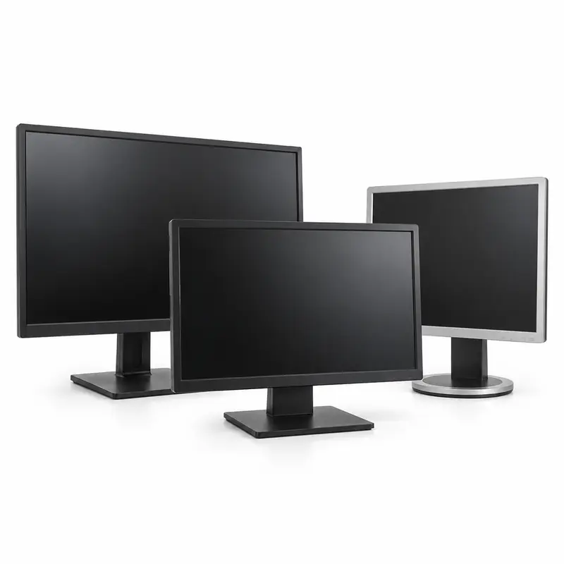 Old LCD and LED computer monitors prepared for e-waste pickup evaluation