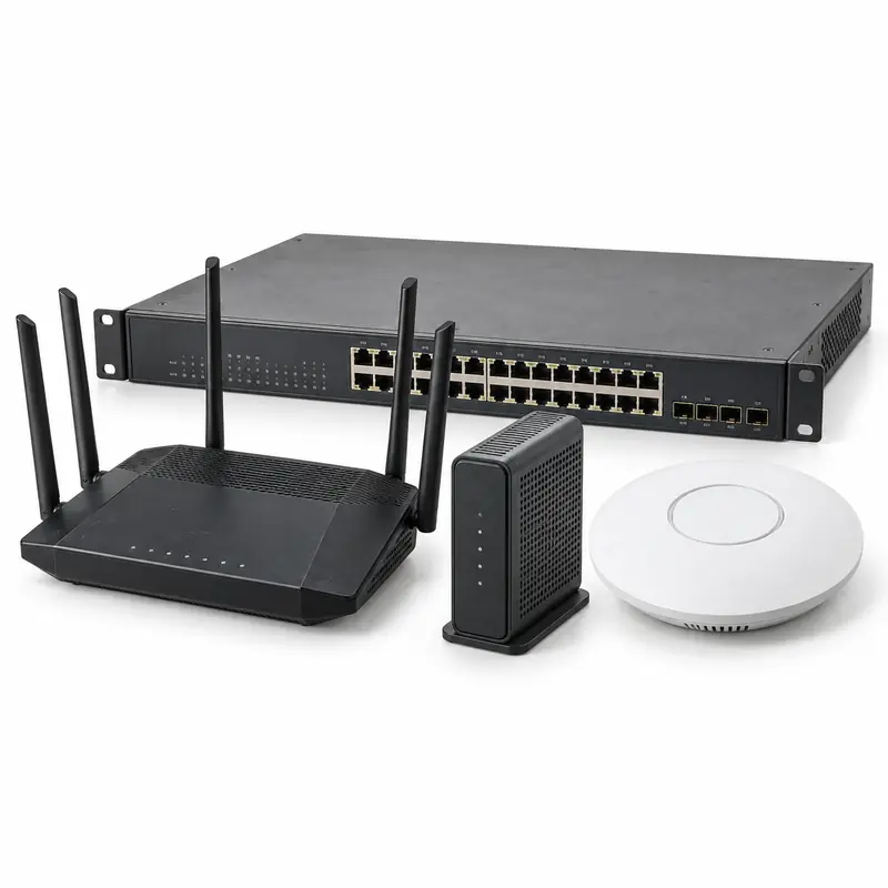 Old router, modem, network switch and wireless access point prepared for e-waste pickup