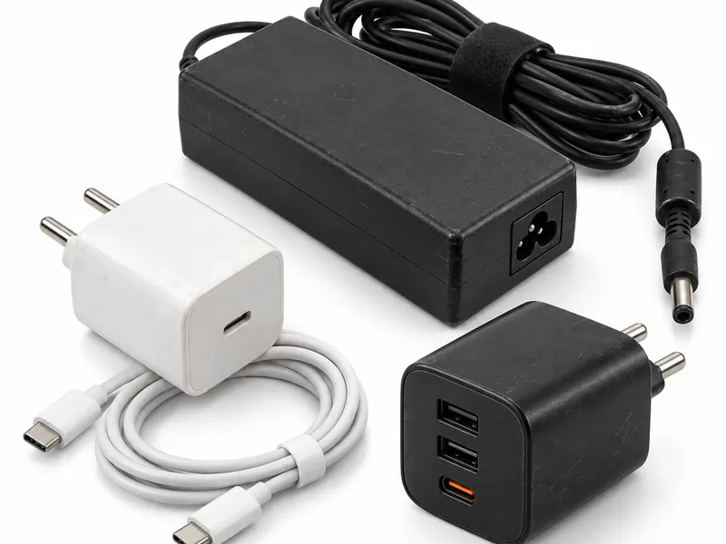 Assorted mobile phone and laptop chargers prepared for e-waste evaluation