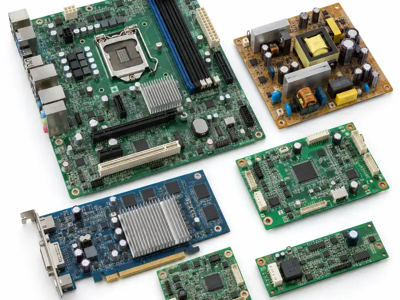 Assorted printed circuit boards prepared for electronic waste recycling