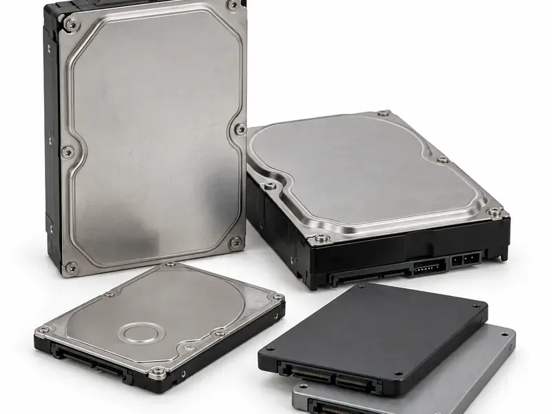 Used internal and external hard drives prepared for e-waste recycling