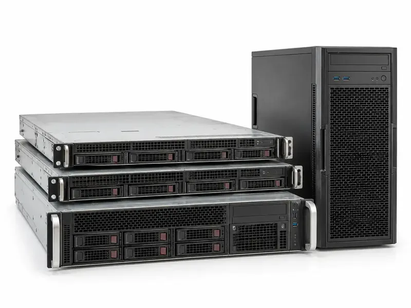 Decommissioned rack and tower servers prepared for e-waste recycling